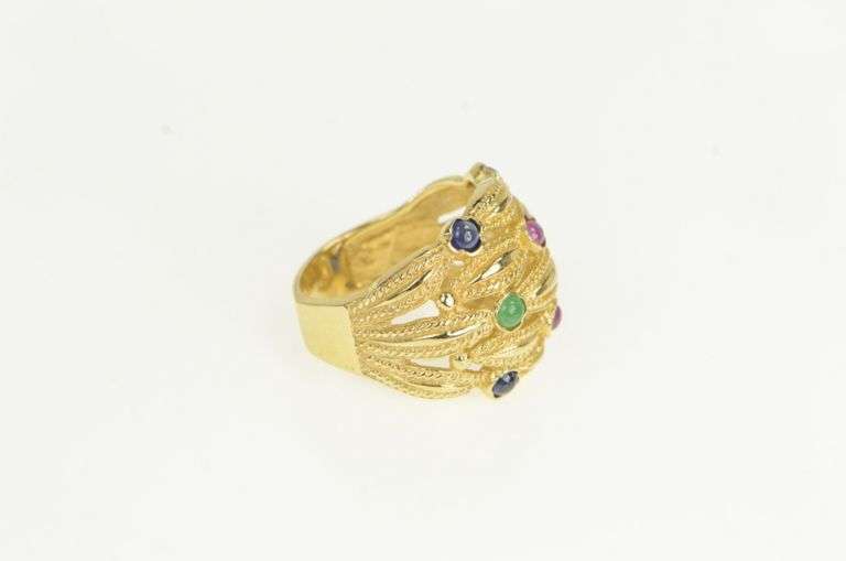 14K Yellow Gold Sapphire Emerald Ruby Scalloped Layered Ring