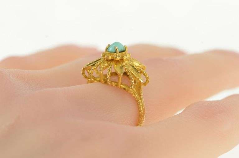 18K Yellow Gold Oval Turquoise Ornate Leaf Cluster Statement Ring