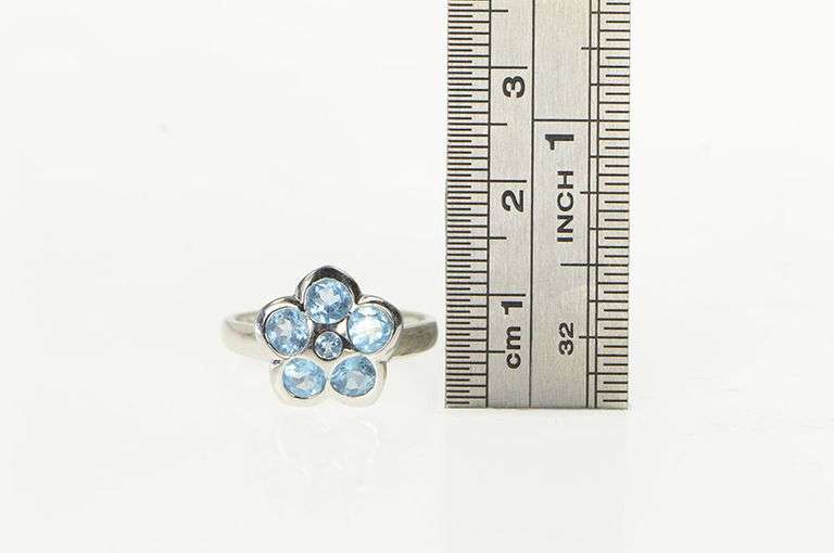14K White Gold Blue Topaz Ornate Flower Cluster Statement Ring