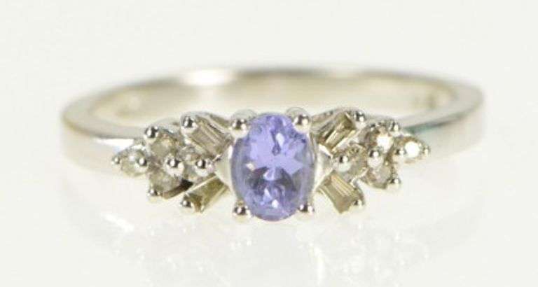 10K White Gold Oval Tanzanite Diamond Cluster Accent Ring