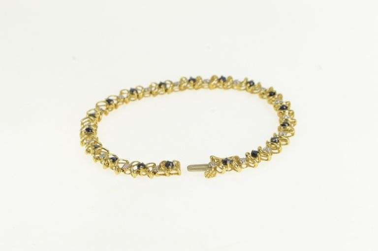 10K Yellow Gold Natural Sapphire Diamond Curved Link Bracelet