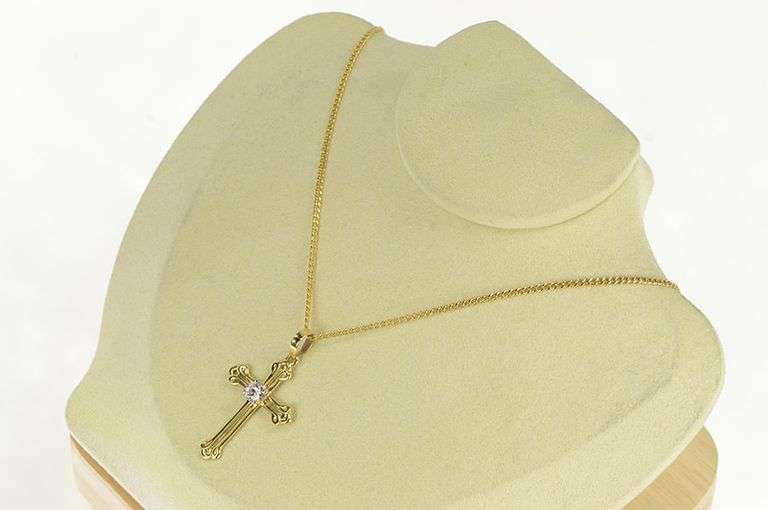 14K Yellow Gold 0.60 Ct Diamond Ornate Cross Christian Pendant