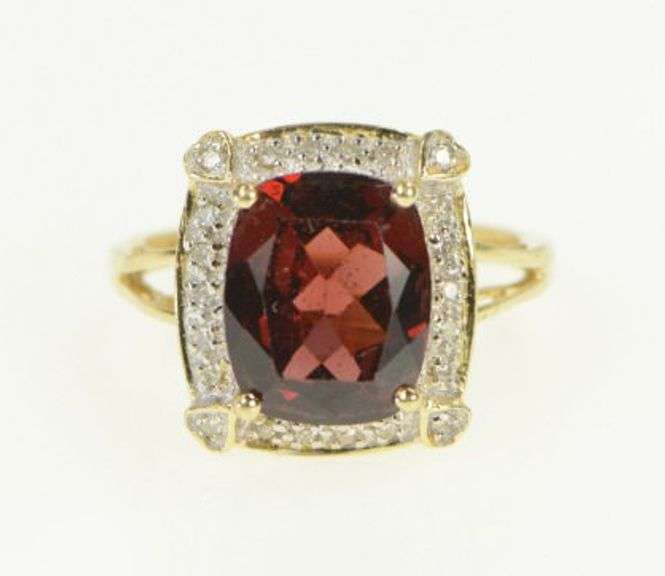 14K Yellow Gold Oval Garnet Diamond Halo Statement Ring