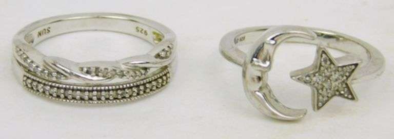 2 Sterling Silver Pave Diamond Rings, Size 6.5