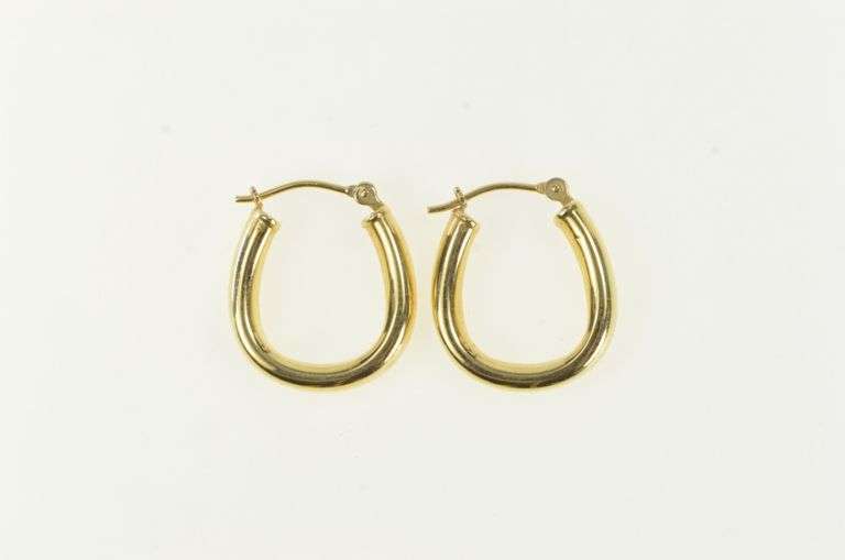 14K Yellow Gold 18.2mm Oval Puffy Vintage Statement Hoop Earrings