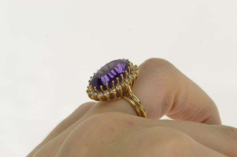 14K Yellow Gold Oval Amethyst Diamond Halo Cocktail Ring