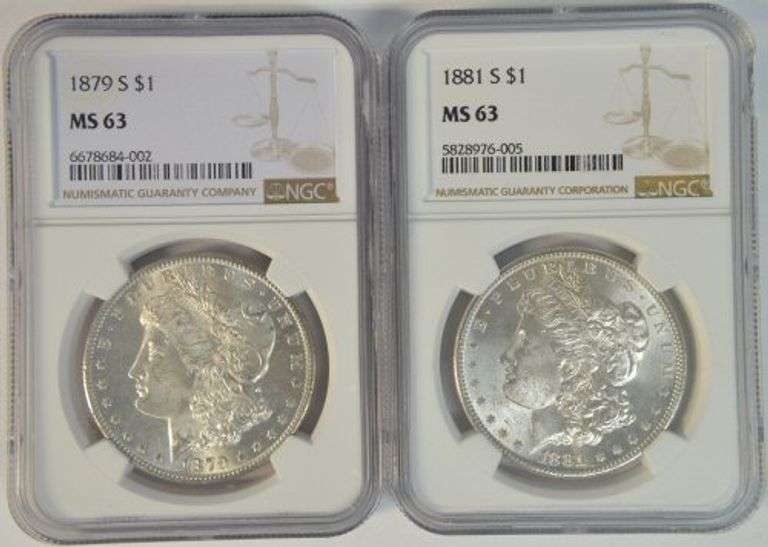 Choice BU 1879-S & 1881-S Morgan Silver Dollars. NGC MS63