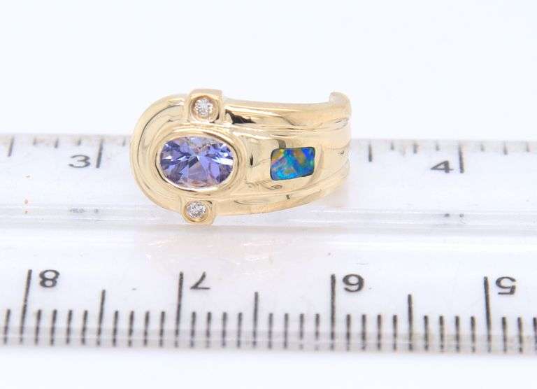 Amazing Yellow Gold Tanzanite, Diamond and Opal Inlay Earrings