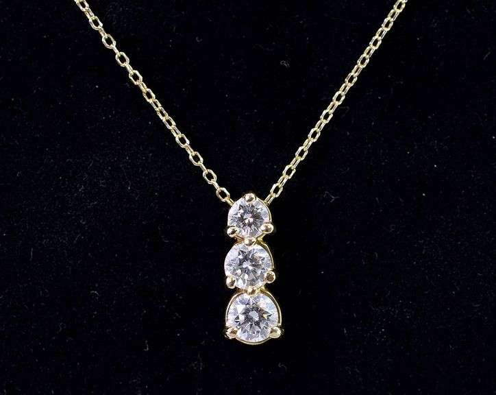 Astounding 14K Yellow Gold Past, Present , Future Diamond Pendant Necklace