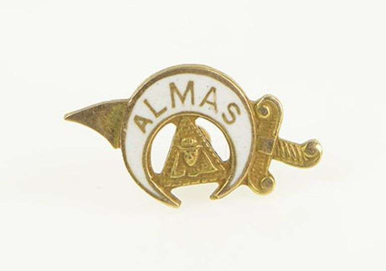 14K Yellow Gold Shriners Almas White Enamel Ornate Lapel Pin/Brooch