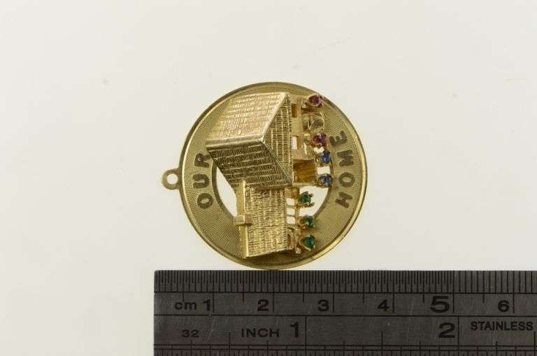 14K Yellow Gold 1960's Our Home Sweet Home Vintage Ruby Charm/Pendant