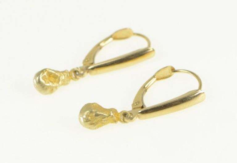 14K Yellow Gold Textured Nugget Dangle Lever Back Earrings