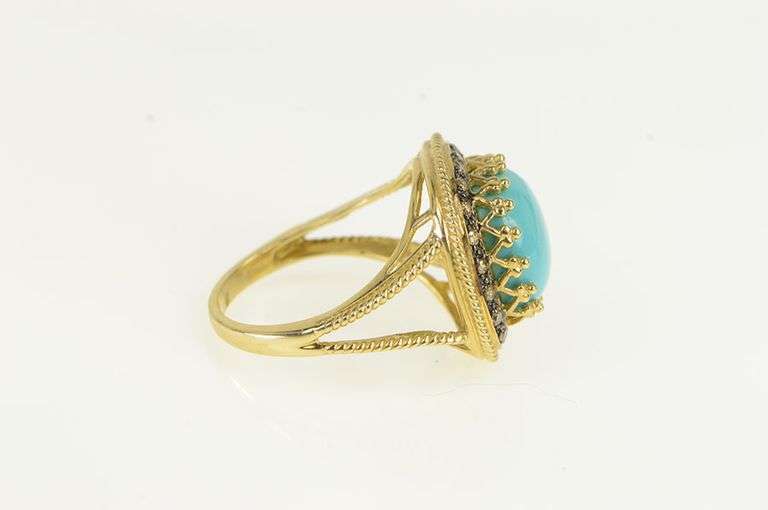 14K Yellow Gold Elaborate Turquoise Fancy Diamond Halo Ring