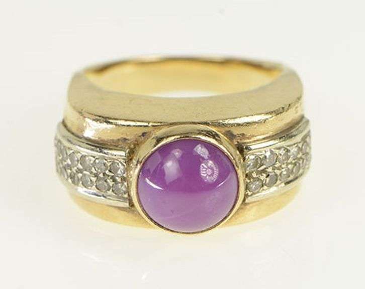 14K Yellow Gold 1960's Syn. Star Ruby Diamond Statement Ring