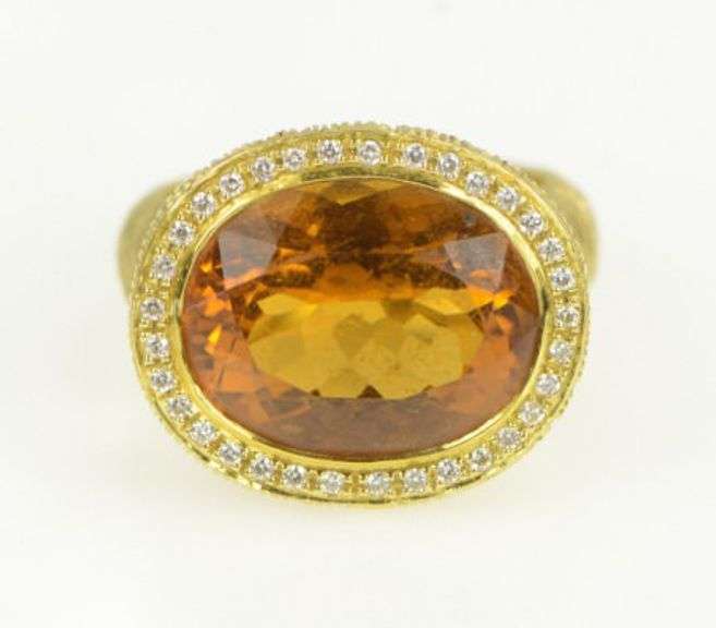 18K Yellow Gold Oval Citrine Diamond Halo Elaborate Textured Ring