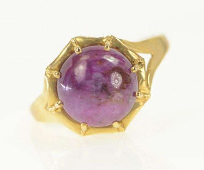 18K Yellow Gold Retro Round Star Ruby Cabochon Ornate Ring