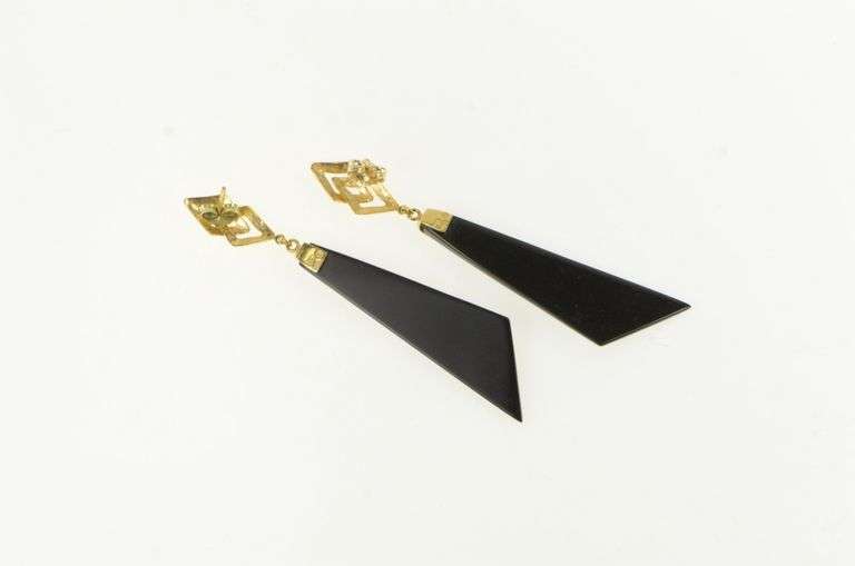 14K Yellow Gold Black Onyx Geometric Dangle Statement Earrings