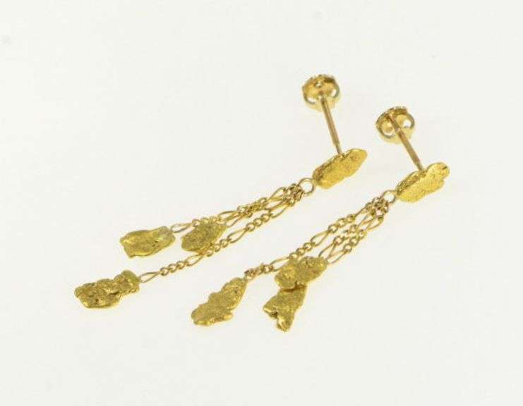 14K Yellow Gold Textured Nugget Pebble Fringe Tassel Earrings