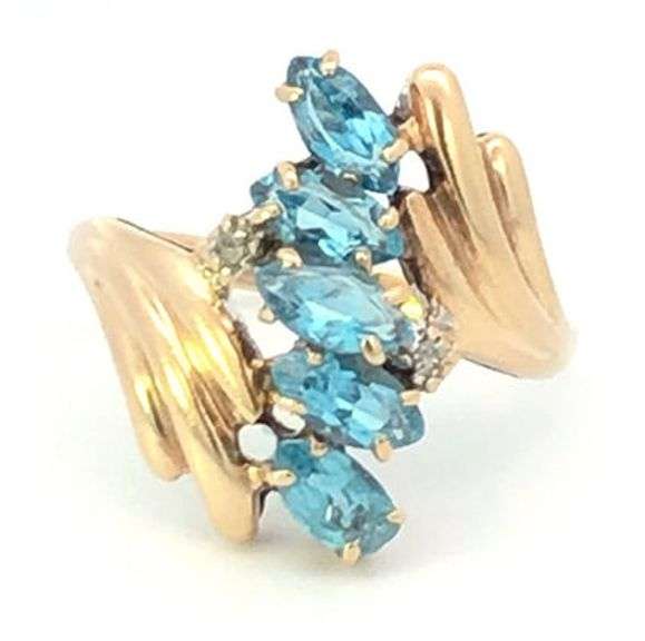 10K Yellow Gold Oval Blue Topaz Diamond Accent Cluster Ring