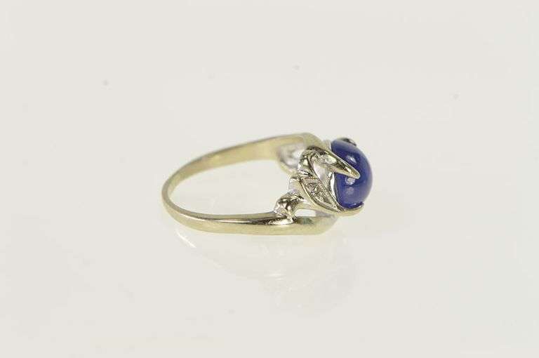 14K White Gold Syn. Blue Star Sapphire Diamond Retro Ring