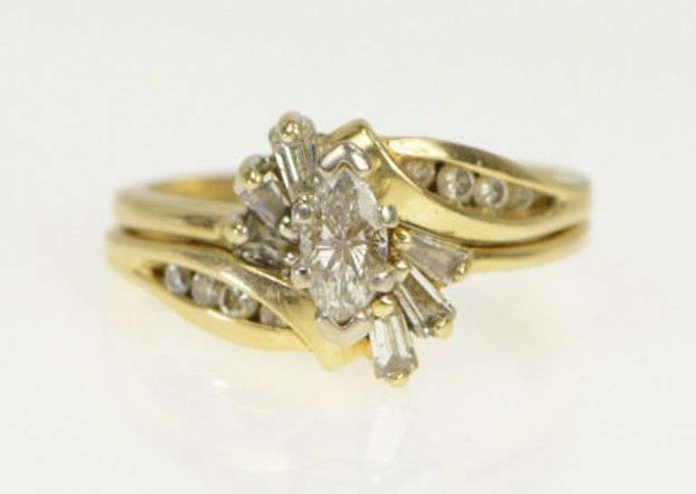14K Yellow Gold 0.68 Ctw Marquise Diamond Engagement Set Ring