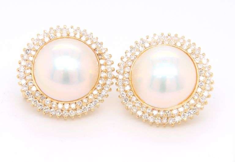 Wonderful Yellow Gold Mabe Pearl and Diamond Earrings