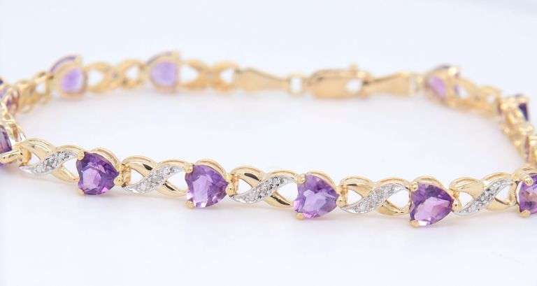 Attractive Yellow Gold Amethyst Heart and Diamond accent Bracelet