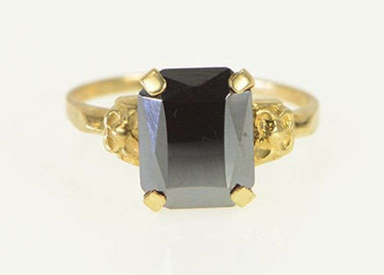 10K Yellow Gold Emerald Cut Hematite Retro Vintage Simple Ring