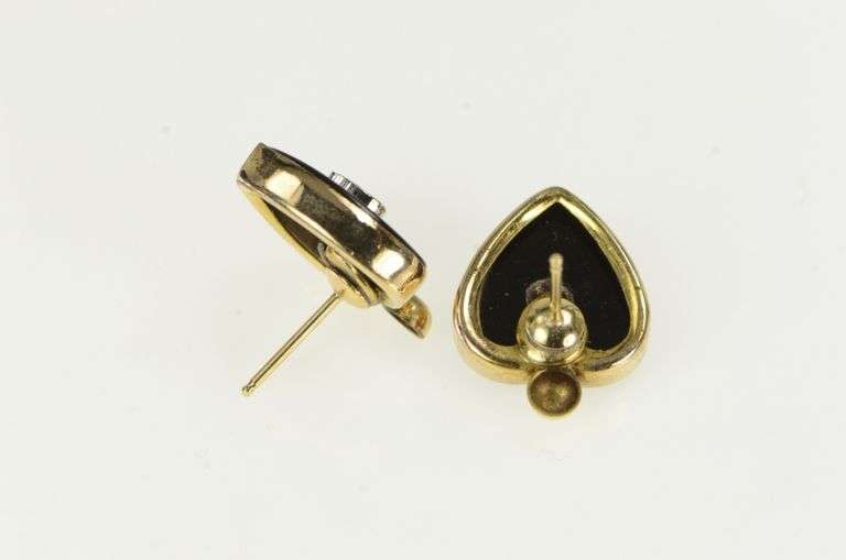 10K Yellow Gold 1940's Black Onyx Diamond Heart Love Stud Earrings