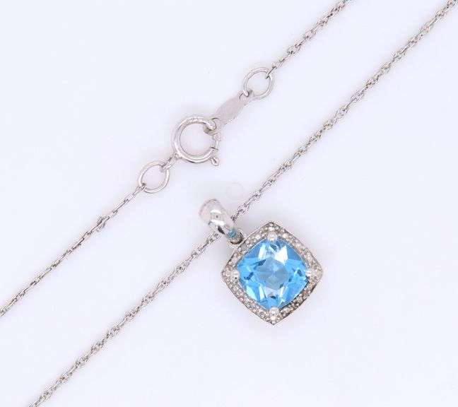 Set of 925 Sterling Silver Blue and White Cubic Zirconia Pendant on Chain with Matching Stud Earrings