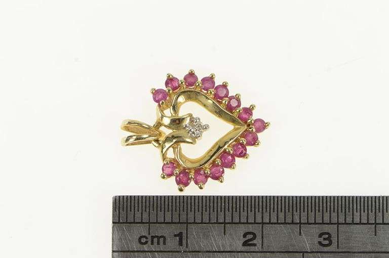 10K Yellow Gold Ruby Diamond Heart Love Symbol Classic Pendant