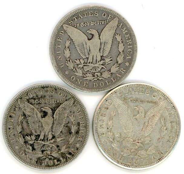 Three Different Morgan Silver Dollars 1896-O, 1900-O, & 1921-D.