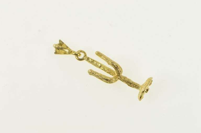 14K Yellow Gold 3D Textured Saguaro Cactus Desert Motif Charm/Pendant