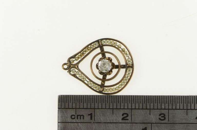 10K Yellow Gold Victorian Pearl White Sapphire Tear Drop Charm/Pendant