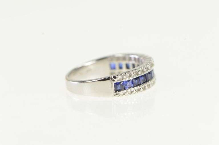 10K White Gold Princess Cut Sapphire Diamond Wedding Band Ring