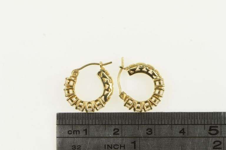 14K Yellow Gold Ornate CZ Swirl Filigree Hoop 14mm Earrings