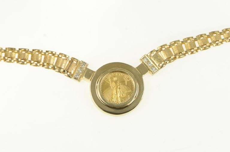 14K Yellow Gold 1995 1/10th Oz Gold Eagle Square Chain Necklace