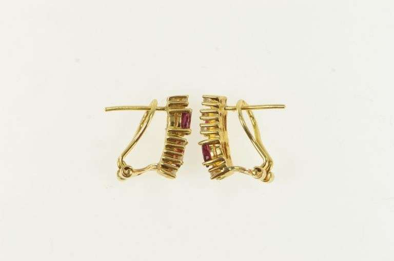 14K Yellow Gold Squared Natural Ruby Diamond Bar French Clip Earrings