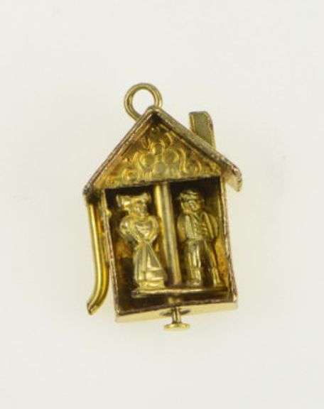 14K Yellow Gold Marry Couple Shadow Box Home Sweet Home Charm/Pendant