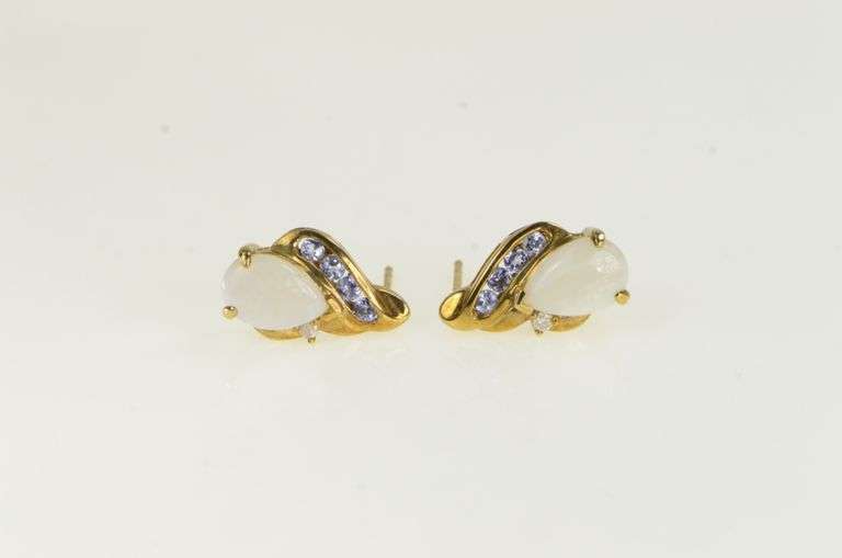 10K Yellow Gold Pear Opal Tanzanite Diamond Accent Stud Earrings