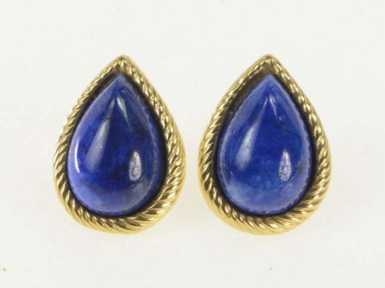 14K Yellow Gold Pear Lapis Lazuli Tear Drop Cabochon Retro Earrings
