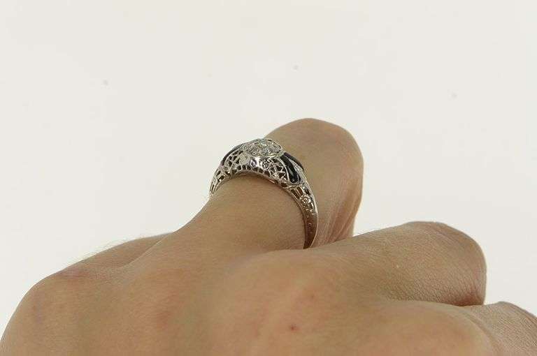 14K White Gold Art Deco Diamond Filigree Enamel Engagement Ring