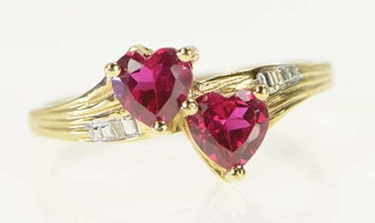 10K Yellow Gold Heart Syn. Ruby Diamond Accent Bypass Ring