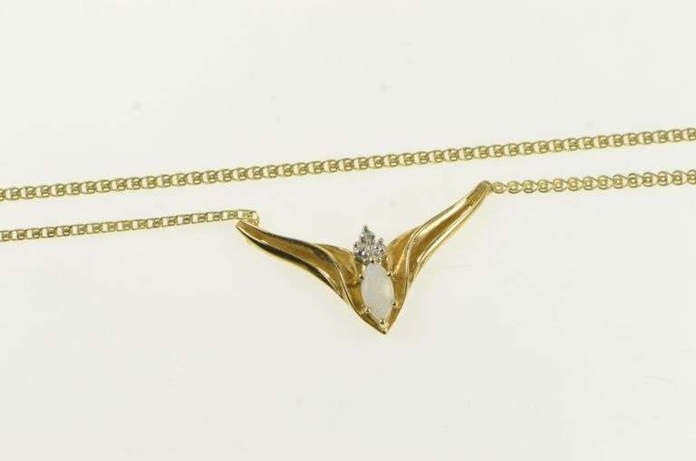 10K Yellow Gold Marquise Opal Diamond Accent Chevron Necklace