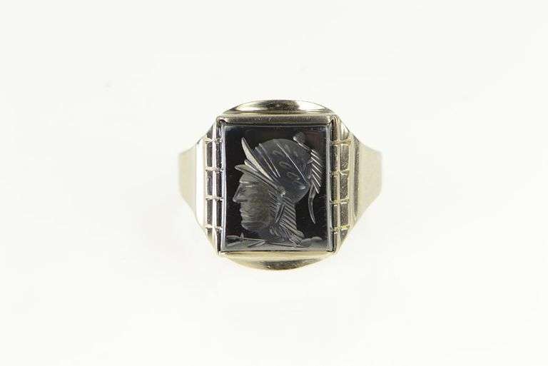 10K White Gold Hematite Intaglio Cameo Roman Soldier Ring