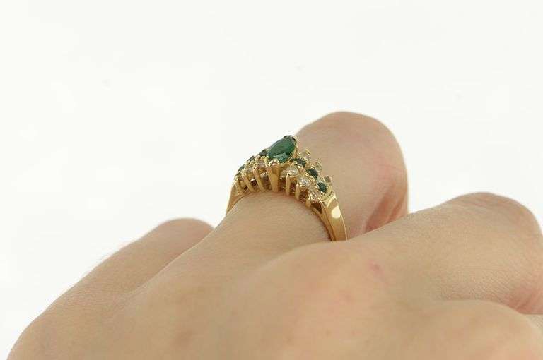 14K Yellow Gold Marquise Emerald Diamond Vintage Engagement Ring