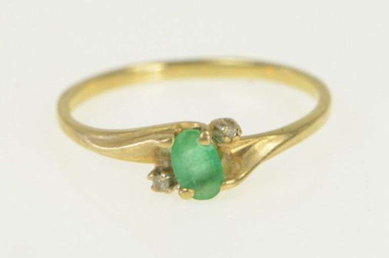 10K Yellow Gold Oval Natural Emerald Diamond Accent Vintage Ring