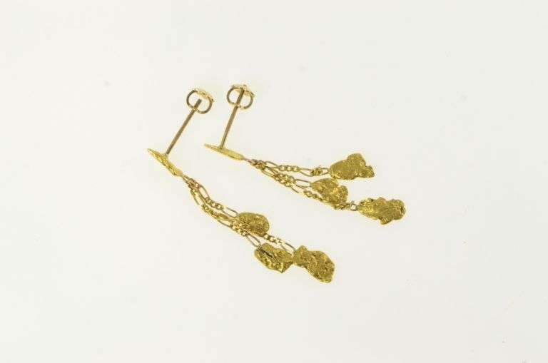 14K Yellow Gold Textured Nugget Pebble Fringe Tassel Earrings