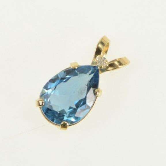 14K Yellow Gold Pear Blue Topaz Diamond Accent Classic Pendant