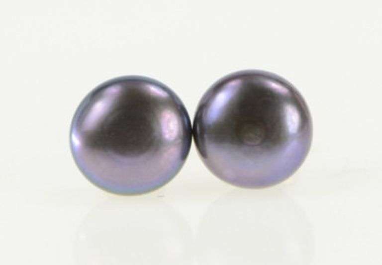 14K Yellow Gold 8.75mm Dark Blue Purple Cultured Pearl Stud Earrings